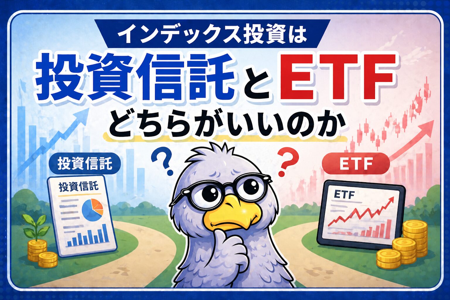 インデックス投資における投資信託とETFの違いをテーマにした記事のアイキャッチ画像
