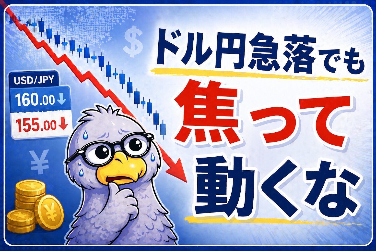 ドル円急落で評価額が減っても焦って動く必要はないという考えをテーマにした記事のアイキャッチ画像