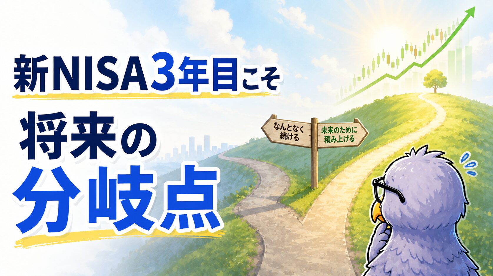 相場が好調な新NISA3年目に利確や売却を考えやすくなることをテーマにした記事のアイキャッチ画像
