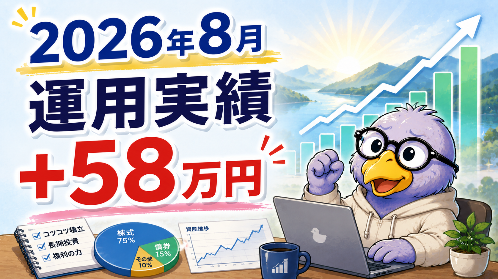 2026年8月の運用実績として、総資産1,068万円、前月比+58万円、相場由来+38万円を示すアイキャッチ画像