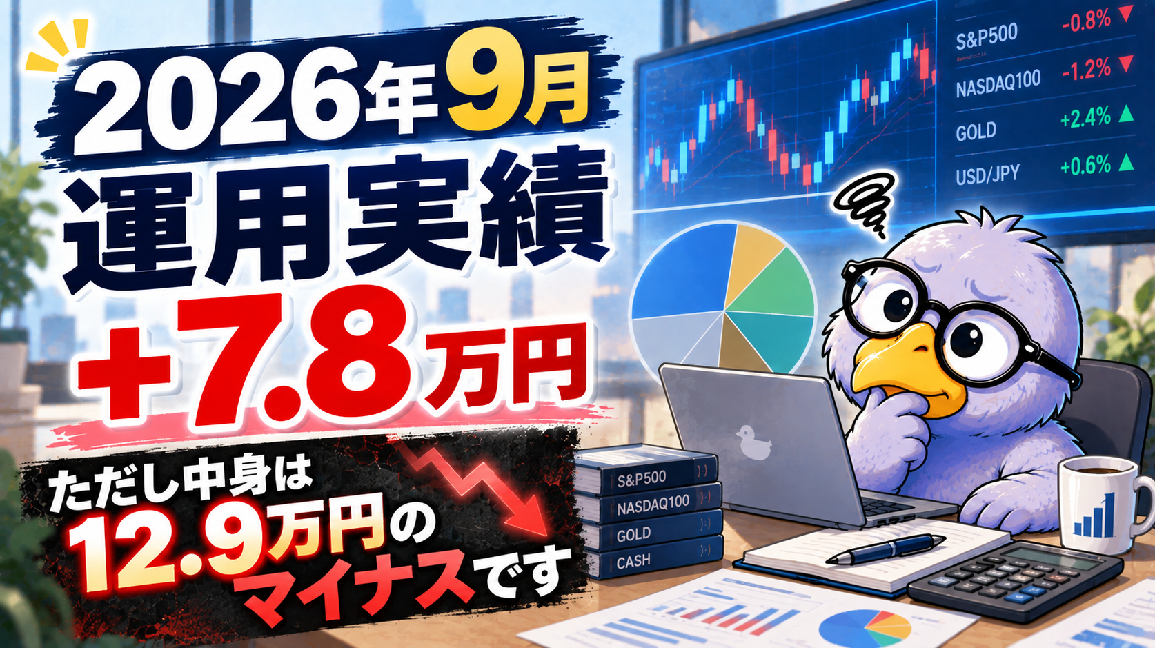 2026年9月の運用実績。総資産1,076万円、前月比プラス7.8万円だが評価損益はマイナス12.9万円